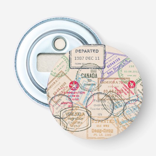 Paspoortzegels reizen button flesopener (Voorkant)