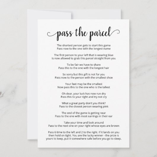Pass De Parcel Party Game Kaart (Voorkant)