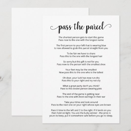 Pass De Parcel Party Game Kaart (Voorkant / Achterkant)