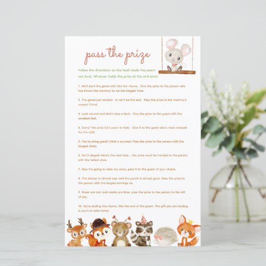 Pass de prijs baby shower spel Woodland Creatures (Staand voorkant)