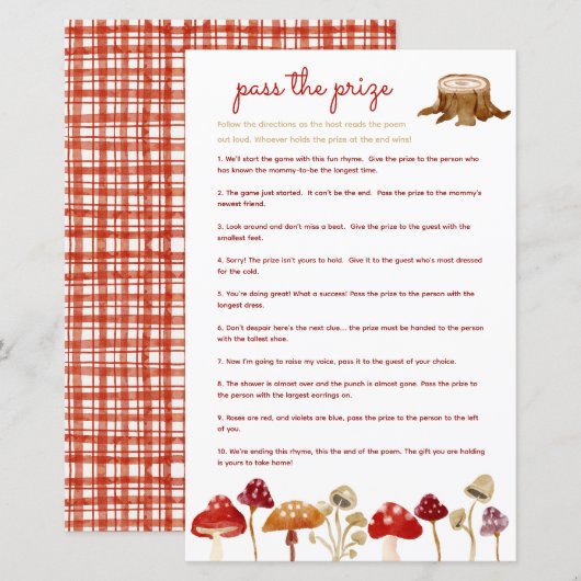 Pass de prijs baby shower spel Woodland Mushroom (Voorkant / Achterkant)
