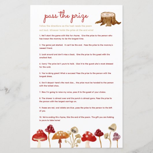 Pass de prijs baby shower spel Woodland Mushroom (Voorkant)
