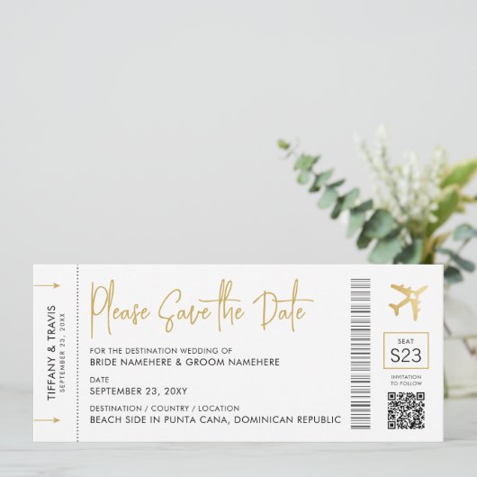 Pass Destination Wedding Elegant Gold Save The Date (Staand voorkant)
