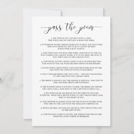 Pass het Gedicht Vrijgezellenfeest Game Kaart (Voorkant)