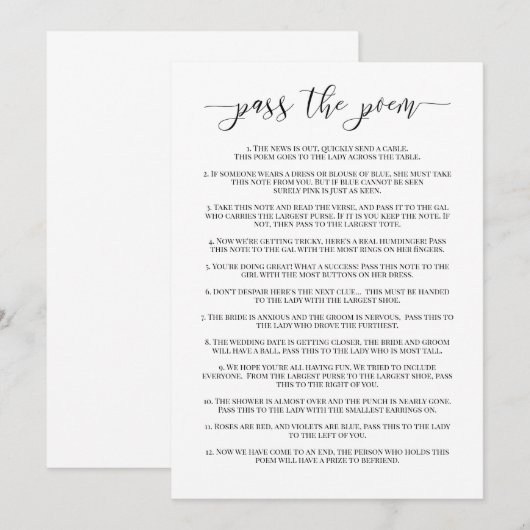 Pass het Gedicht Vrijgezellenfeest Game Kaart (Voorkant / Achterkant)