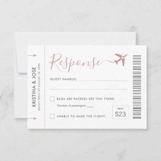 Pass Plane Ticket Roos Gold Destination RSVP Kaartje (Voorkant)