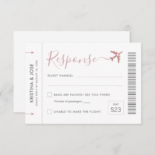 Pass Plane Ticket Roos Gold Destination RSVP Kaartje (Voorkant / Achterkant)