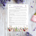 Pass The Poem Floral Butterfly Bridal Shower Game<br><div class="desc">Deze "Pass the Poem"-spelkaart is modern, summier en vol flitsaardig plezier. Hij heeft een prachtig vormgegeven van roze en paarse bloemen met vlinders en hommels die rondvliegen. U kunt alle tekst aanpassen aan uw specifieke behoeften. Gelieve te contacteren de ontwerper voor om het even welke passende producten die niet beschikbaar...</div>