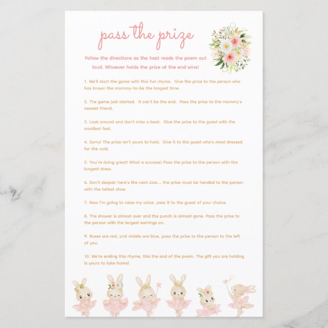 Pass the Prize Baby shower Game Roze Ballerina (Voorkant)