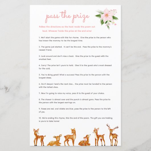 Pass the Prize Baby shower Game Roze Bloemenhert (Voorkant)