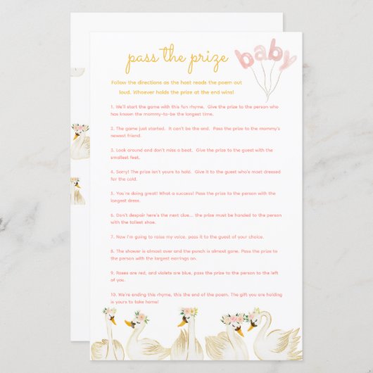 Pass the Prize Baby shower Game - Zwanenprinses (Voorkant / Achterkant)
