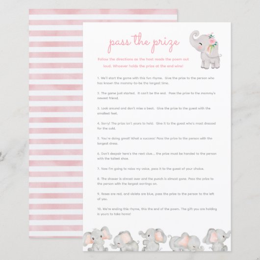 Pass the Prize Baby shower spel - Roze Olifant (Voorkant / Achterkant)