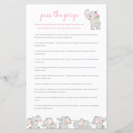 Pass the Prize Baby shower spel - Roze Olifant (Voorkant)