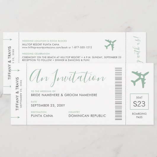 Pass Ticket Destination Soft Green Invita Kaart (Voorkant / Achterkant)