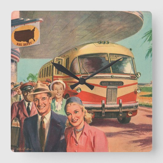  passagiers op vakantie bij de busdepot vierkante klok (Voorkant)