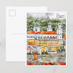 Passau Duitsland vintage reizen waterverf Briefkaart