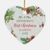 Passen getrouwd 1e Kerst Custom Foto Rustiek Keramisch Ornament (Achterkant)