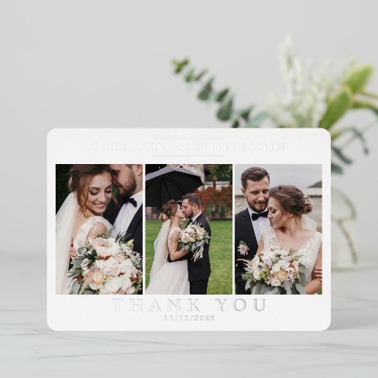 Passen getrouwd 3 Foto bruiloft Hartelijk dank Folie Uitnodiging (Staand Voorkant)