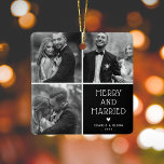 Passen getrouwd 3 x Foto Vrolijk & Getrouwd Kerst Keramisch Ornament<br><div class="desc">Dubbelzijdige Merry & Gehuwd 3 Foto Collage kerstversiering. Pas naam/namen en datum aan.</div>