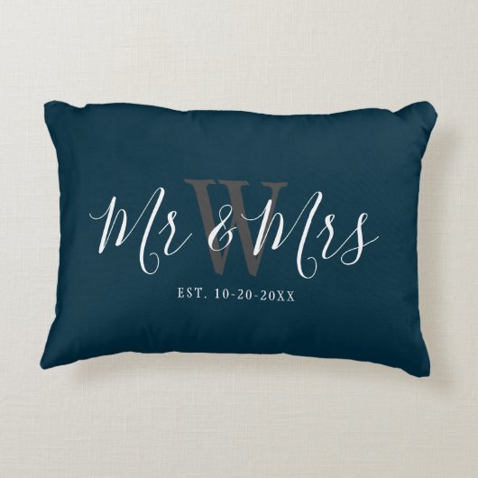 Passen getrouwd de heer Navy Blue Script Monogram  Accent Kussen (Achterkant)