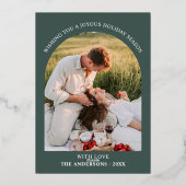 Passen getrouwd Eerste Kerstfoto Collage Arch Folie Feestdagenkaart (Achterkant)