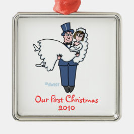 Passen getrouwd Eerste Kerstmis met Cartoon Metalen Ornament