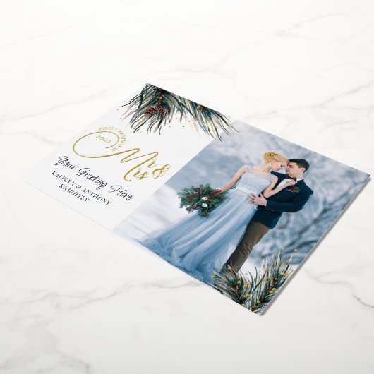 Passen getrouwd Eerste Kerstmis, mevrouw Waterverf Folie Feestdagenkaart (Gedraaid)