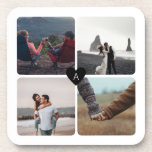Passen getrouwd Foto Collage en monogram Bier Onderzetter<br><div class="desc">Deze set onderzetters maakt een perfect geschenk voor nieuwigheden. Met ruimte voor vier bruiloft, verloving, of paar foto's, kenmerkt deze sjabloon een klein, klassiek, zwart hart in het centrum met een monogram brief in het centrum voor een extra speciale gepersonaliseerde aanraking. Gebruik de vier quadrans om je verhaal te vertellen...</div>