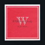 Passen getrouwd Gift Monogram Naam Script Rood pap Servet<br><div class="desc">Passen getrouwd Gift Monogram Naam Script Rood papier servetten. Standaard lunchmaat alleen beschikbaar. Gepersonaliseerd wit monogram ontwerp met de pasgetrouwde bruid en bruidegom achternaam en datum vastgesteld in zwarte letters op een rijke rode achtergrond. Een uniek cadeau voor pasgetrouwden. Heerlijk voor hun nieuwe leven samen. Ook een mooi Housewarming Gift...</div>