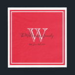 Passen getrouwd Gift Monogram Naam Script Rood pap Servet<br><div class="desc">Passen getrouwd Gift Monogram Naam Script Rood papier servetten. Standaard lunchmaat alleen beschikbaar. Gepersonaliseerd wit monogram ontwerp met de pasgetrouwde bruid en bruidegom achternaam en datum vastgesteld in zwarte letters op een rijke rode achtergrond. Een uniek cadeau voor pasgetrouwden. Heerlijk voor hun nieuwe leven samen. Ook een mooi Housewarming Gift...</div>