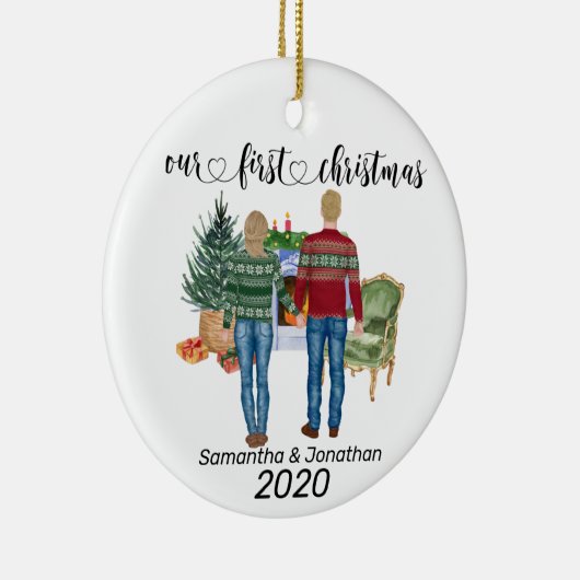 Passen getrouwd met een eerste kerstfeestpaar met  keramisch ornament (Rechts)