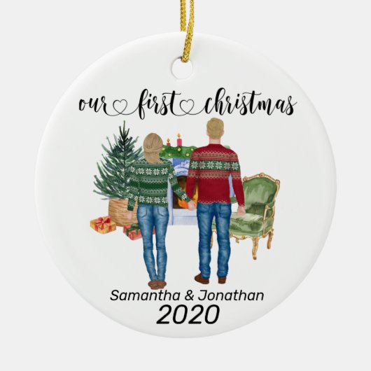 Passen getrouwd met een eerste kerstfeestpaar met  keramisch ornament (Voorkant)