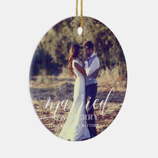 Passen getrouwd met kerstfoto's "Gehuwd en vriende Keramisch Ornament (Rechts)