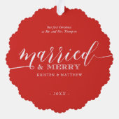 Passen getrouwd met kerstfoto's "Gehuwd en vriende Ornament Kaart (Achterkant)