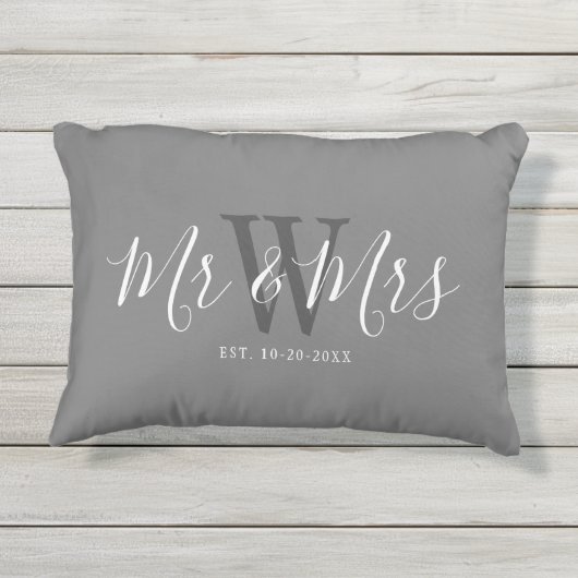 Passen getrouwd Mr. en Mrs Grey White Script Monog Buitenkussen (Achterkant)