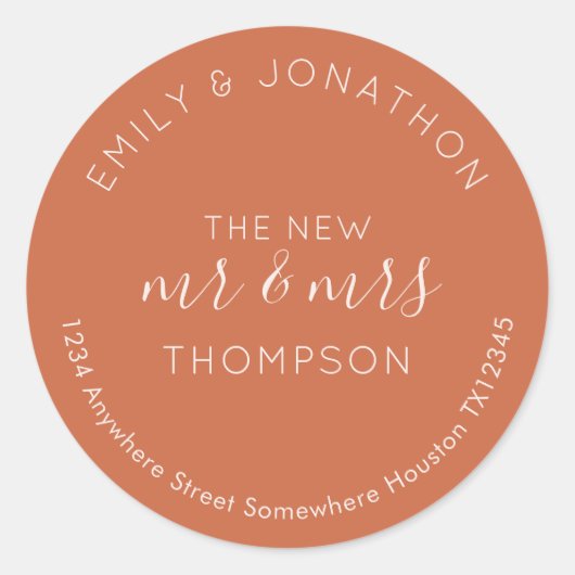 Passen getrouwd Retourneren Naam Adres Terracotta Ronde Sticker (Voorkant)
