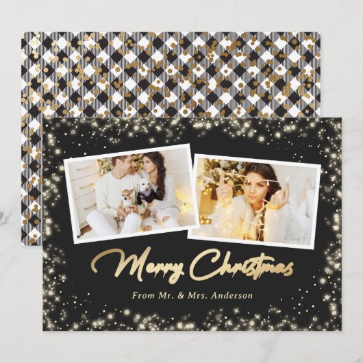 Passen getrouwd Zwart Wit Goud Plaid Foto Kerstmis Feestdagenkaart (Voorkant / Achterkant)