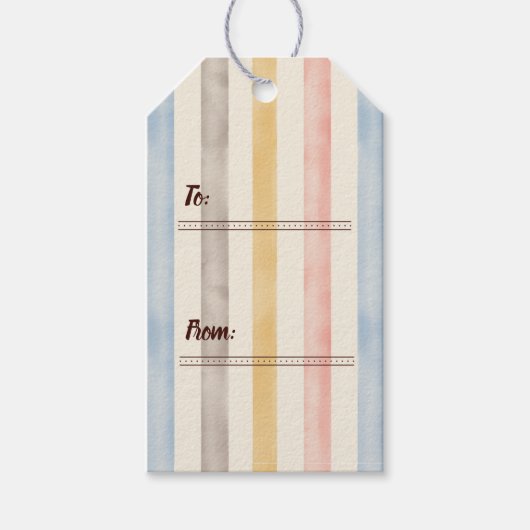 Passend, gedempte roze, gele en blauwe gestreepte cadeaulabel (Voorkant)