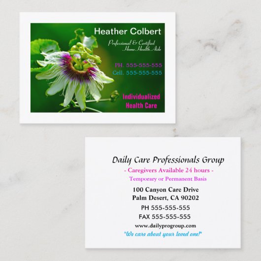 Passie Bloem daar om u te helpen zorgverlener Visitekaartje (Voorkant / Achterkant)