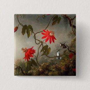 Passie Bloemen met kolibries Kop Vierkante Button 5,1 Cm