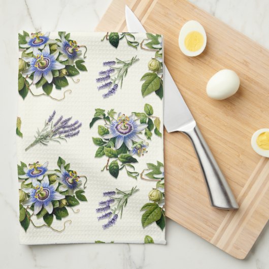 Passiebloem Sage Ecru Bloemen Keuken Schotel Handd Theedoek (Quarter Fold)