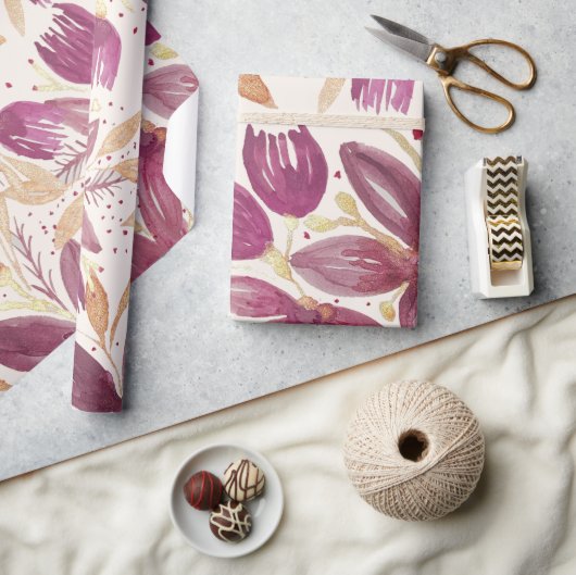 Passiebloemen, Aquarel Bordeaux en Goud Cadeaupapier (Crafts)