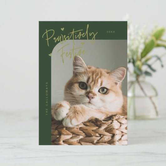 Passief Feestelijke Kattenfoto Groene Kerst Feestdagenkaart (Staand voorkant)