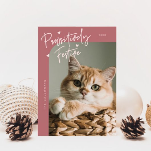 Passief feestelijke kattenfoto Roze Kerst Feestdagenkaart