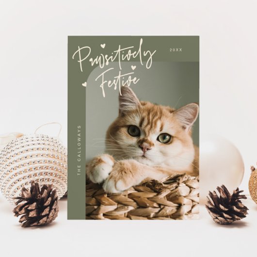 Passief feestelijke kattenfoto Sage Green Christma Feestdagenkaart