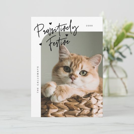 Passief feestelijke kattenfoto Witte kerst Feestdagenkaart (Staand voorkant)