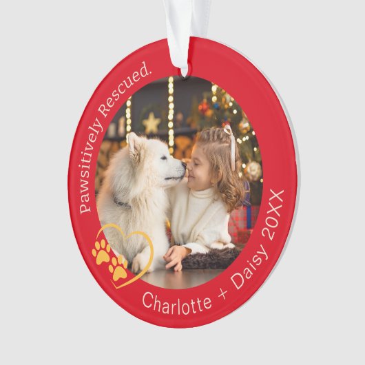 Passief geredde hond foto rood ornament (voorkant)
