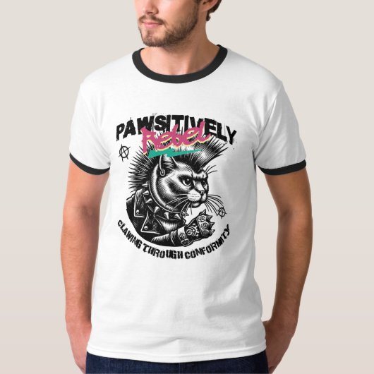 Passief Rebel: Punk Rock Cat Mohawk Anarchie T-shirt (Voorkant)