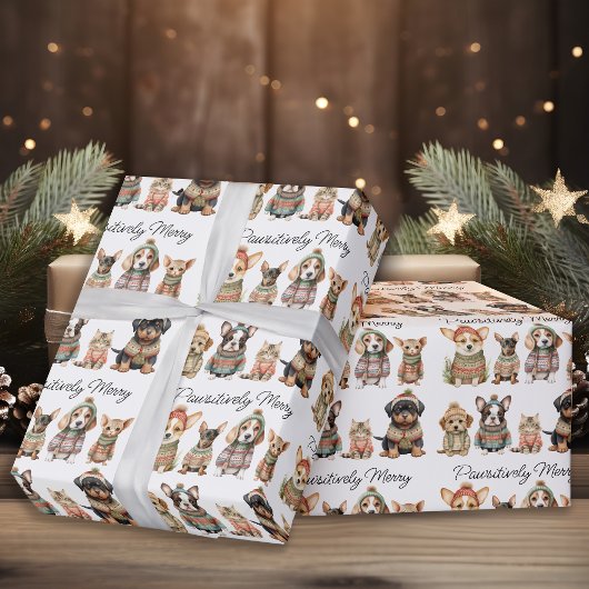Passief Vrolijk Kerstmis Schattige Hondenkat Huisd Cadeaupapier