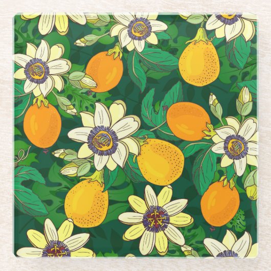 Passieflower Bloom: zwarte achtergrond . Glazen Onderzetter (Voorkant)